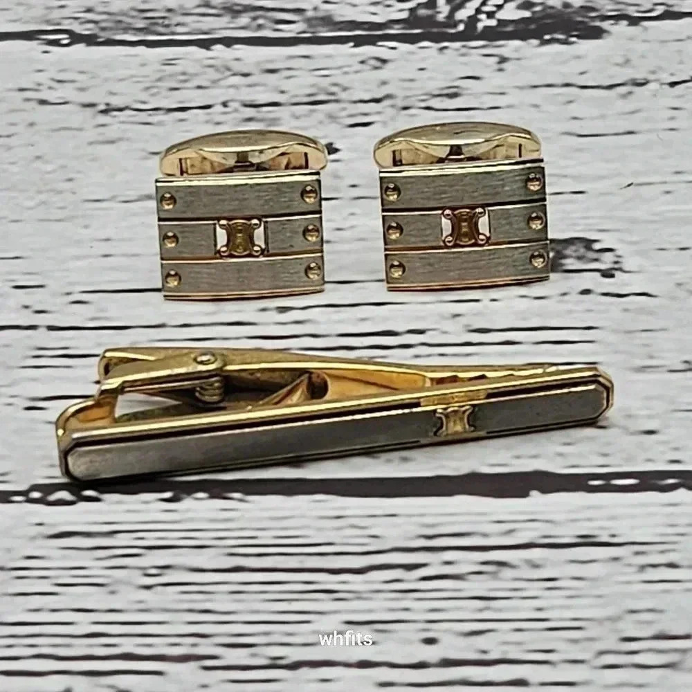 Celine Gold and Silver Cufflink and Tie Bar Set